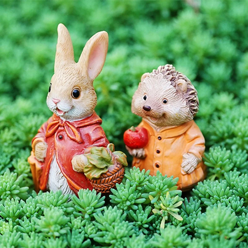 1PCS The Bunny Standing Rabbit Outdoor Garden Statue Turtle Hedgehog Statue Full Color Finish Small Animals Decorations