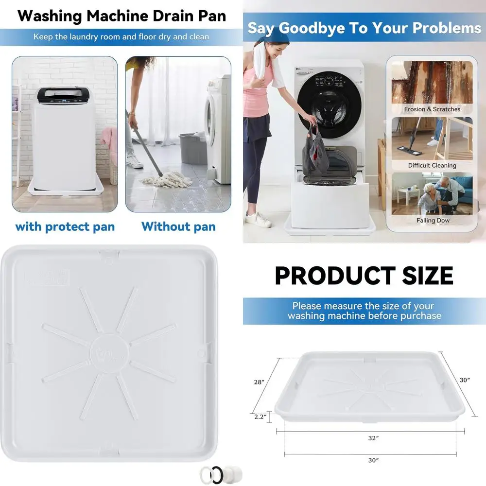 

Поддон для стиральной машины 30x32 дюйма из прочного пластика с приподнятым краем и защитой пола