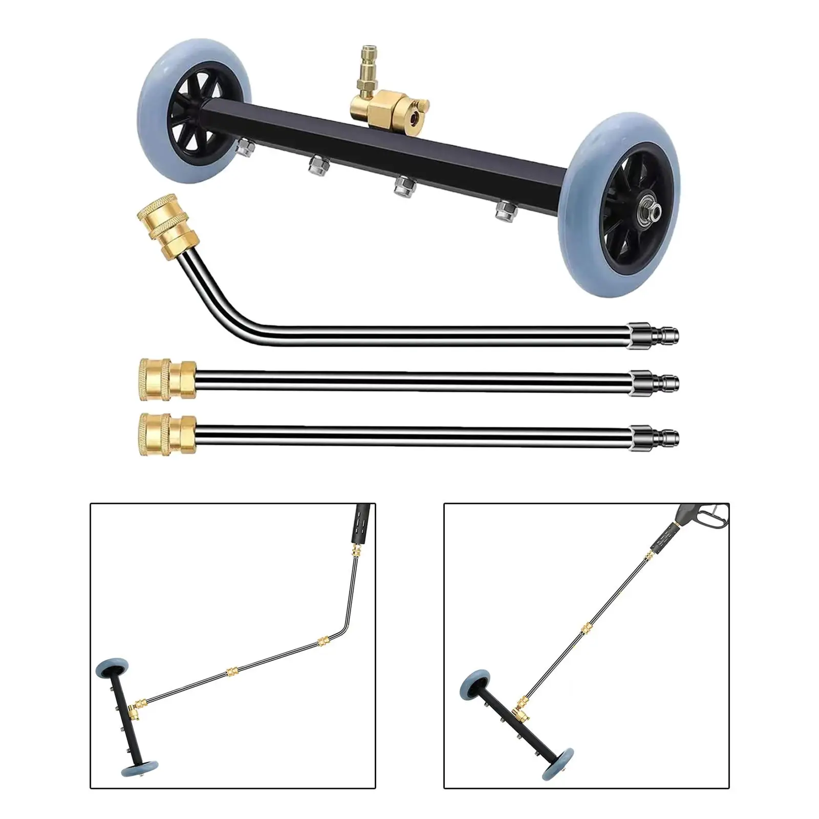Stainless Steel Undercarriage Pressure Washer Attachment with 2 Extension Rods for Car Cleaning Garden Hose