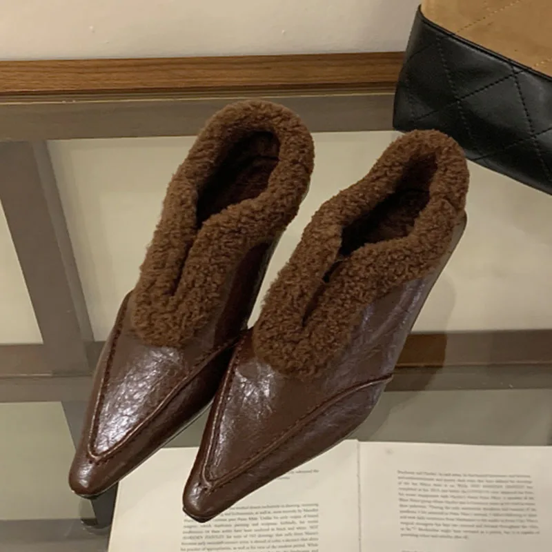 

Elegant Pointed Toe Women Pumps Slip on Mid Heels Office Work Dress Pumps Fashion Fur Warm Winter Shoes Party Pumps Shoes