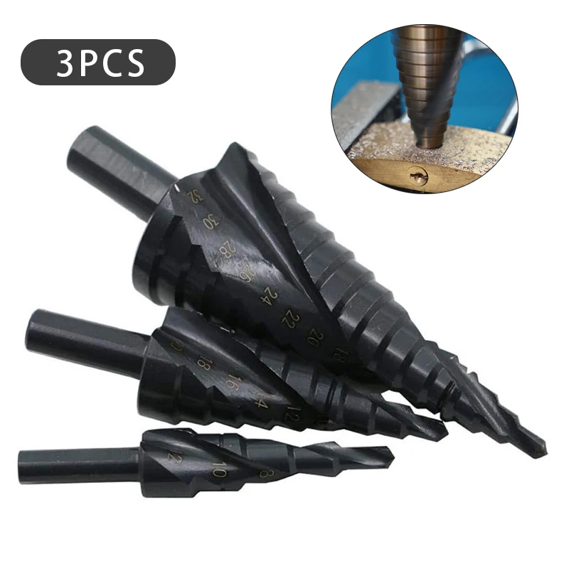 3Pcs/Set 4-32MM HSS Cobalt Step Drill Bit Set Nitrogen High Speed Steel Spiral for Metal Cone Triangle Shank Hole Bit Opener