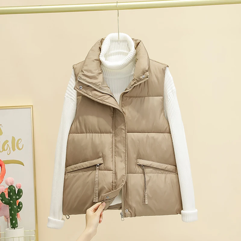 

Khaki 2023 New Autumn Winter Short Vests Women Stand Collar Fashion Zipper Elegant Female Warm Waistcoat Vests Women