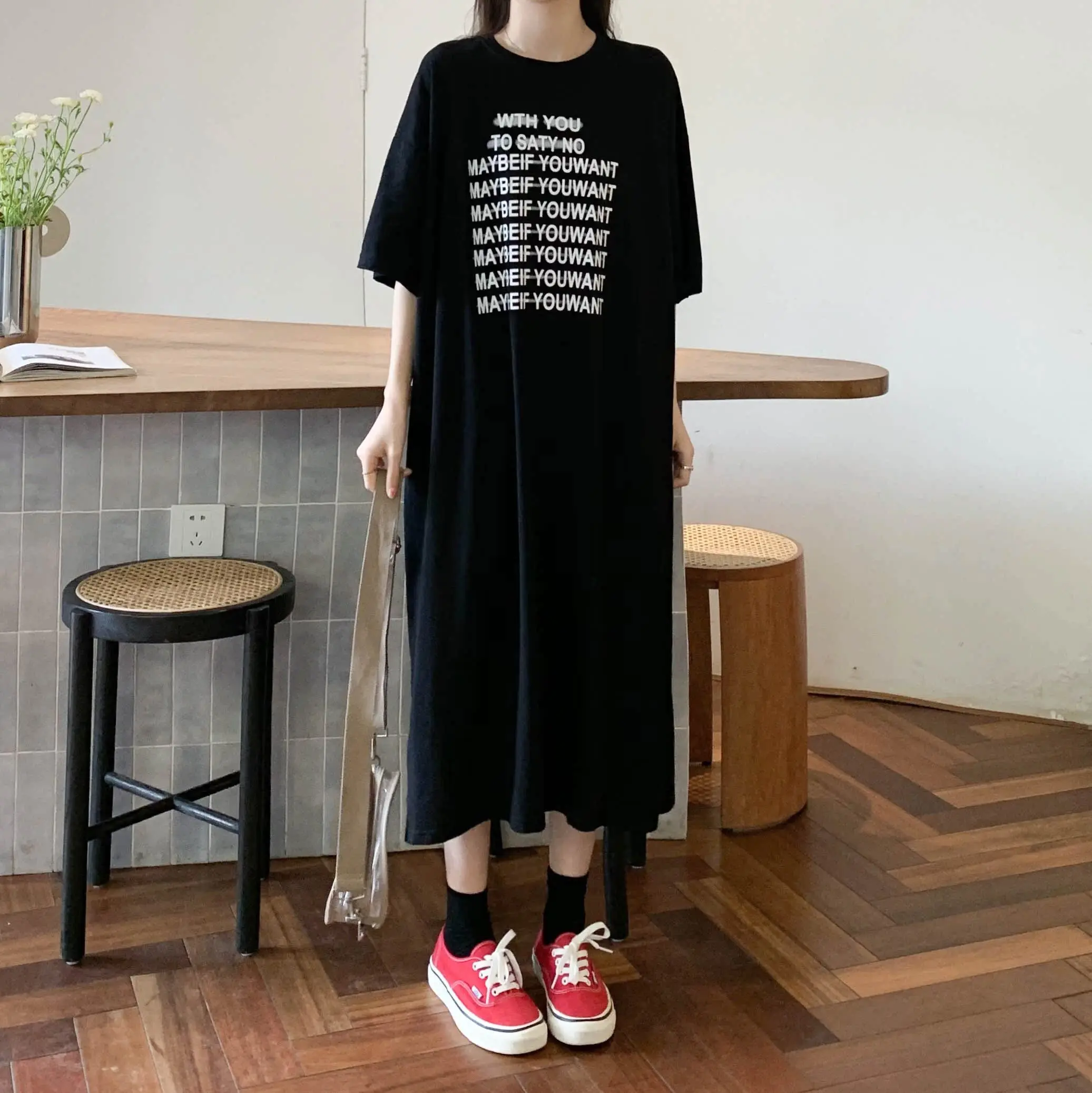 Korean Style Summer Dress Unique Design Printed T-Shirt Dress over Knee Length with Slit Home Clothes Sleepwear Youth Women