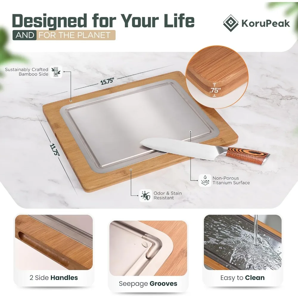 لوح تقطيع مطبخ كبير من التيتانيوم على الوجهين مع جانب من الخيزران - سطح قطع متين مقاس 16 × 12 بوصة للاستخدام اليومي