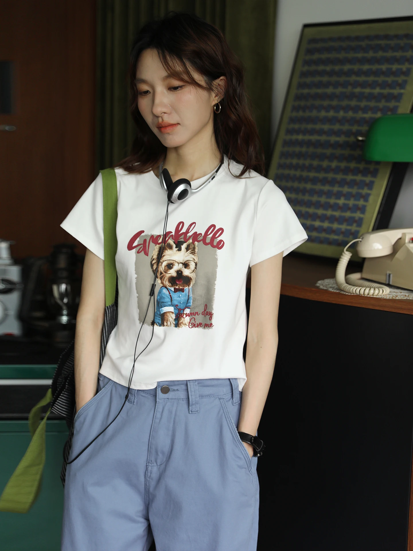 

Cartoon Dog Print Short Sleeve T-Shirt Women's White round Neck Loose Commute Slimming Summer Overhead Casual Top