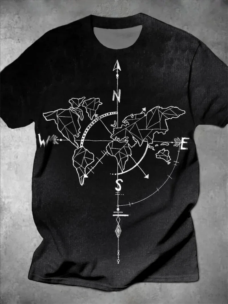 Schwarzes Herren-T-Shirt mit Weltkarten-Kompass-Print, lässiger Rundhalsausschnitt, kurze Ärmel, Reise-Grafik-Oberteil