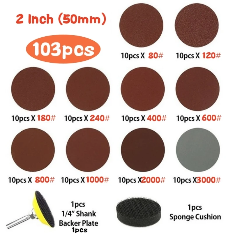 103Pcs 2Inch Angle Grinder Sanding Discs Backing Pads Abrasive Polishing Pad Kit for Dremel Rotary Tools Sandpapers Accessories