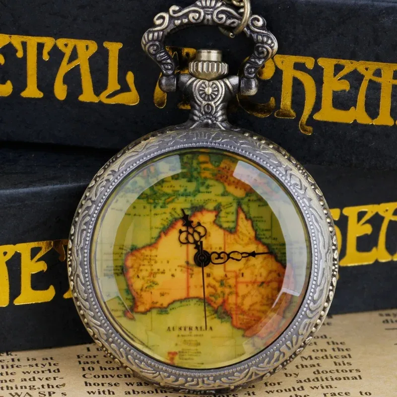 빈티지 지구 판지도 석영 주머니 시계 Fob 체인 아랍어 디지털 골드 도금 다이얼 목걸이 남성 여성 시계 선물