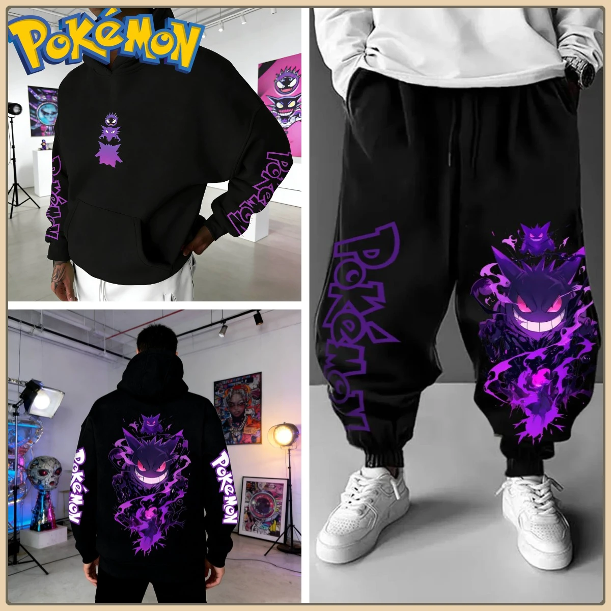 ชุดเสื้อฮู้ดสีดำและกางเกงขายาวพิมพ์ลายตัวละครโปเกมอนที่แขนเสื้อและข้างเสื้อ ชุดลำลองสไตล์สตรีทแอนิเมะสำหรับผู้ชายและผู้หญิง