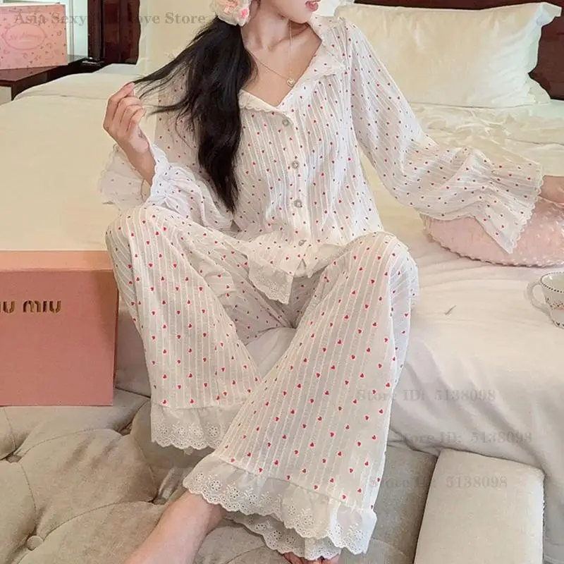 

Female Love Printed Pajamas Cotton Soft Casual Night Wear Sweet Sexy Sleepwear Long Sleeved Trouser Pijamas Suit Home Clothes