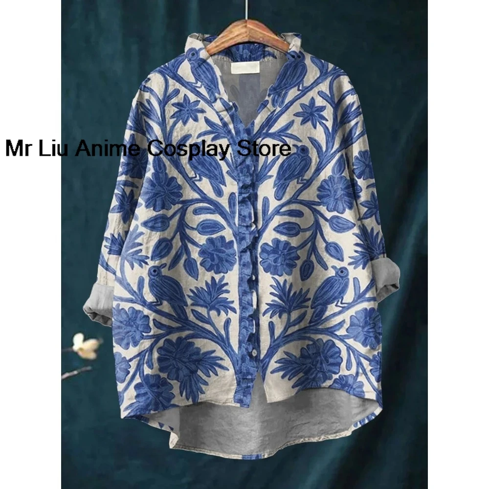 Romantic Cottagecore Shirt with Ruffled Collar Women Vintage Patchwork Bohemian Blouse Bubble Crepe Loose Fit Blouse Tops