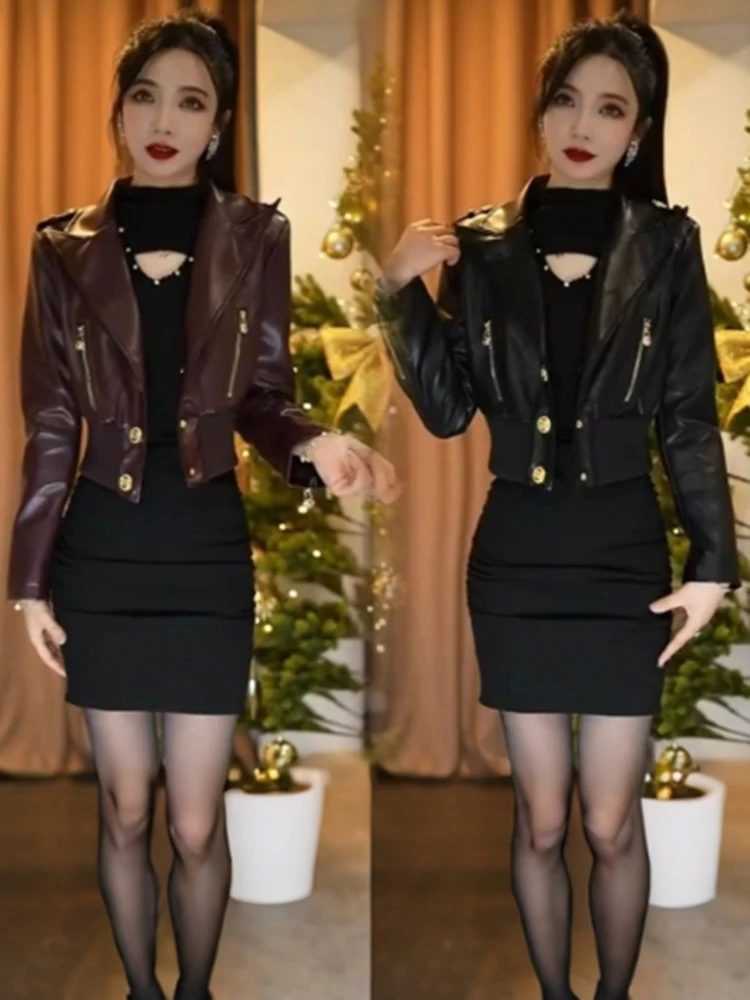 

Korean Sle Zipper Collar High End Leather Jaet Women's Spring Unique Faion Slimming Top Commute Sle Loose Fit Long Sl...