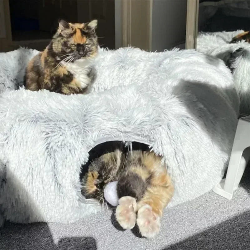 

Multi functional cat tunnel bed with tunnel plush cat bed with tunnel pet bed fluffy donut cat bed