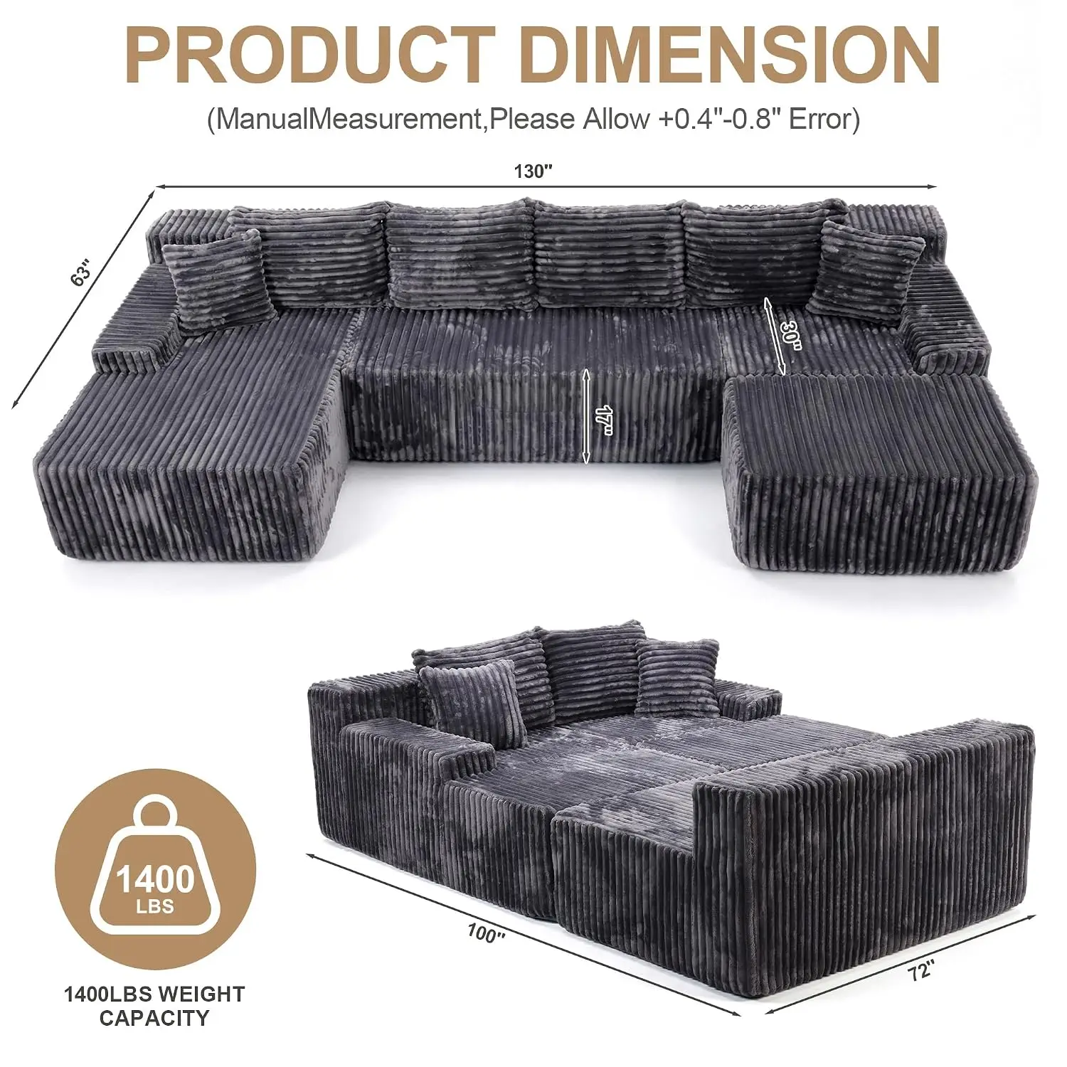 Oversized U Shaped Corduroy Sectional Sofa, Deep Seat Modular Cloud Couch For Living Room, No Assembly, Grey, Customized