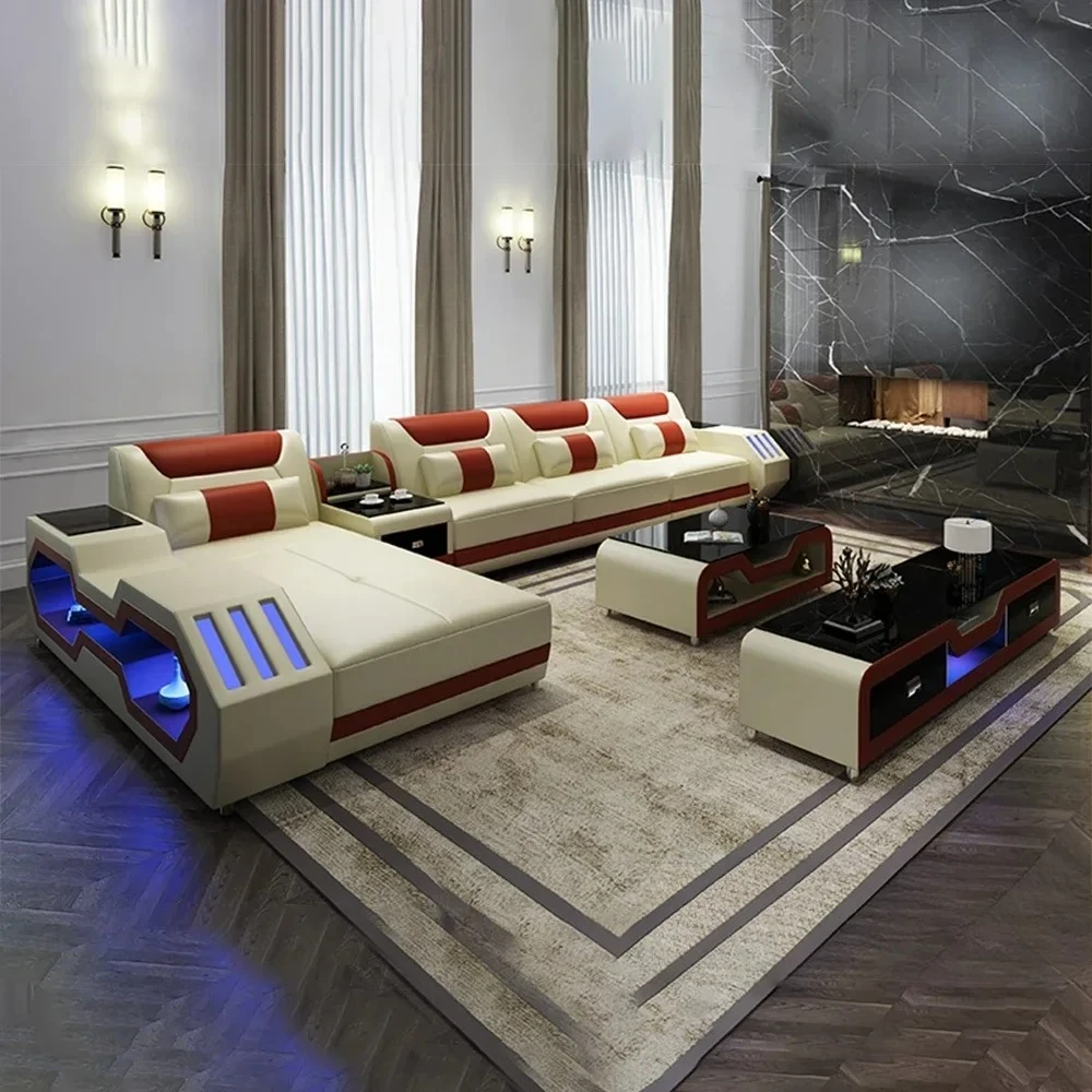 %Modern LED Lighted Sofa Set with Recliner, Adjustable Headrest & Console | Luxury Leather Sectional Couch | Futuristic Furnitur