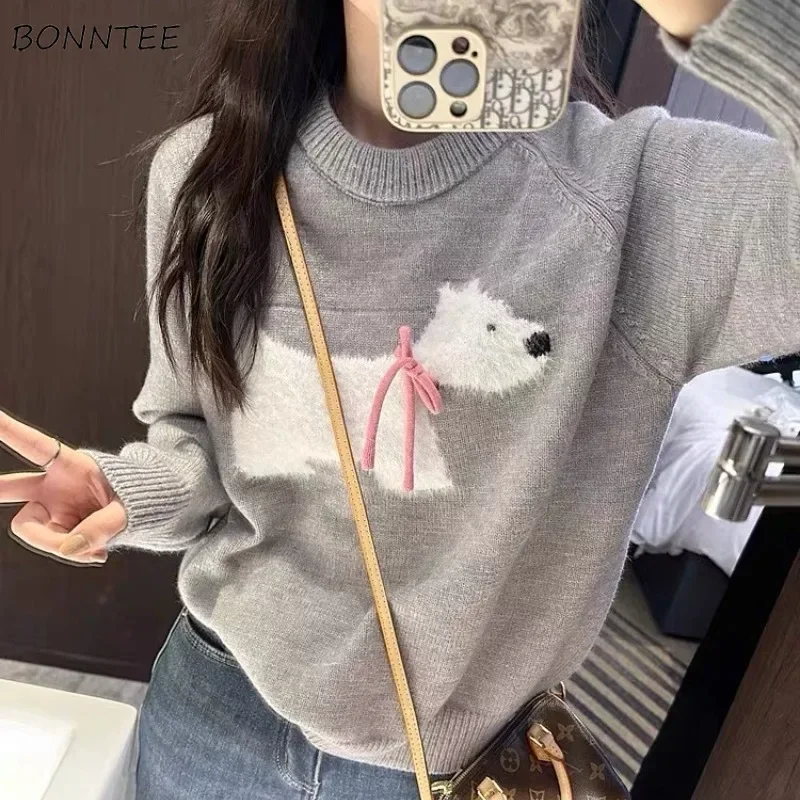 

Pullovers Women Gentle Stylish Bow Design Casual Loose Fit Sweet Lovely Girls Age-reducing Soft O-neck Cozy Knitted Autumn Mujer