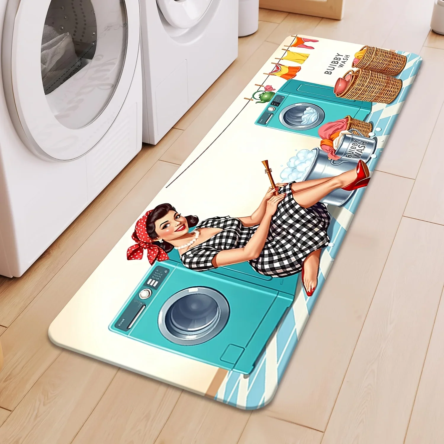 1pc 100% Polyester Vintage Laundry Scene Print Non-Slip Mat, Soft Comfortable Machine Washable Fade-Resistant Rug, Suitable fo