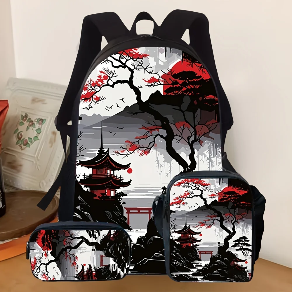 

3pcs 2D Flat Printing Backpack Combo Set with Japanese Style Red Maple Mountain Pagoda Landscape Print Suitable for Daily Travel