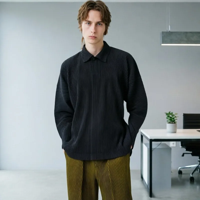 Miyake Classic Pleated Men's Solid Color Loose Casual Turn-Down Collar Long Sleeve Shirt New Simple Commuter Business Polo Shirt