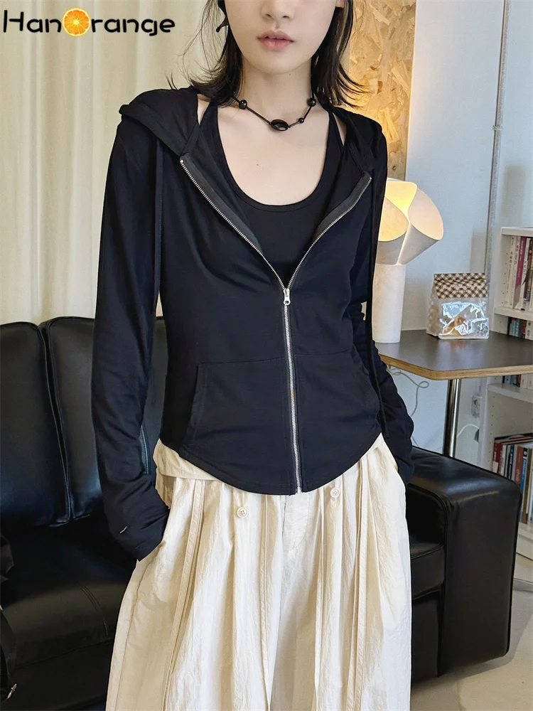 HanOrange 2026 Summer Sports Leisure Hooded Zipper Cardigan Sunscreen T-shirt Women Tees White/Black/Gray