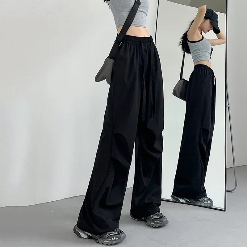2025 ストリートルーズストレートパンツ女性の夏薄型速乾性カーゴパンツ女性弾性ウエストレースアップパラシュートズボン