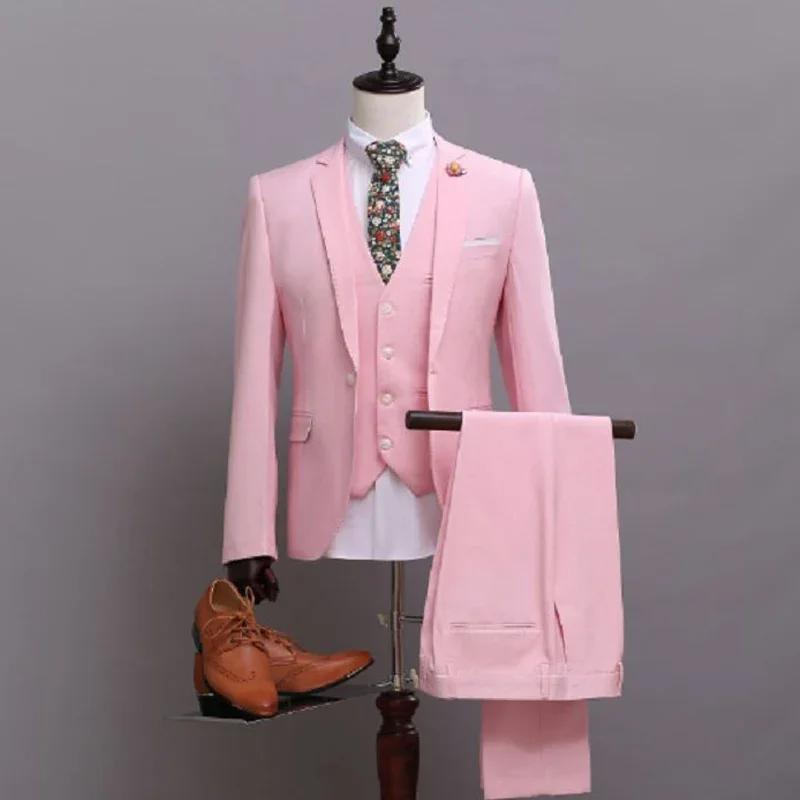 

Pink Wedding suits Men Suits Notched Lapel Custom Made Groom Tuxedos 3 Piece Jacket Pants Vest