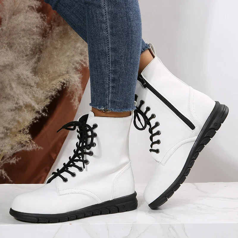 2024  Low Heels Ankle Boots Women Plus Size Side Zipper Short Booties Woman New Autumn Winter Lace Up Shoes Female 43