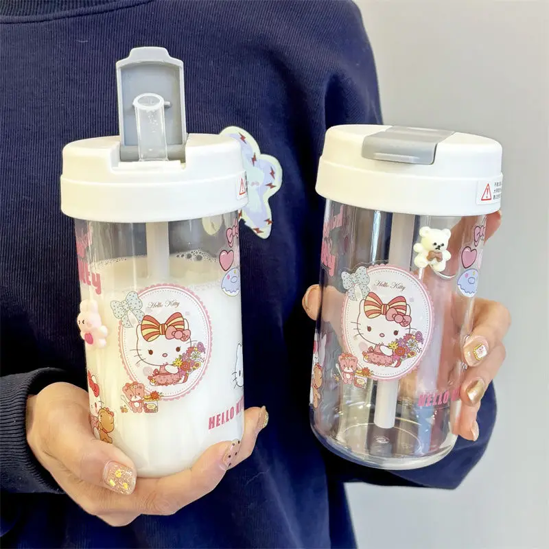 Sanrio Kawaii Hello Kitty Anime Portable Sippy Cup Cute Sweet DIY Decal Cartoon Food Grade Plastic Cup Lovely Gifts for Girls