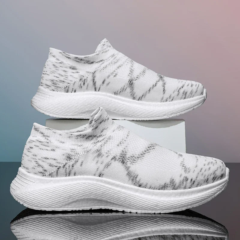 Men Elastic Knit Slip On Sneakers Rainbow Striped Pattern Lightweight Thick Cushion Casual Shoes