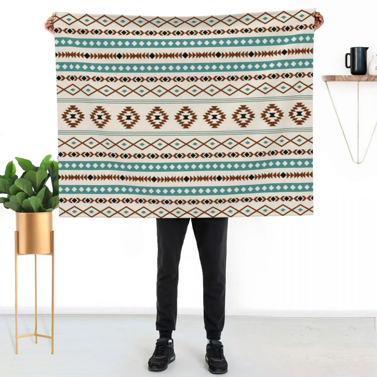 Aztec Teal Terracotta Black Cream Mixed Pattern Throw Blanket Furry Travel Soft Big Softest Heavy Luxury Thicken Blankets