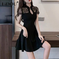Summer Stand Collar Lace Patchwork Slim Dress Women's Elegant Fashion High Waist Black Robe Femme Vesidos Ladies Sexy Dresses