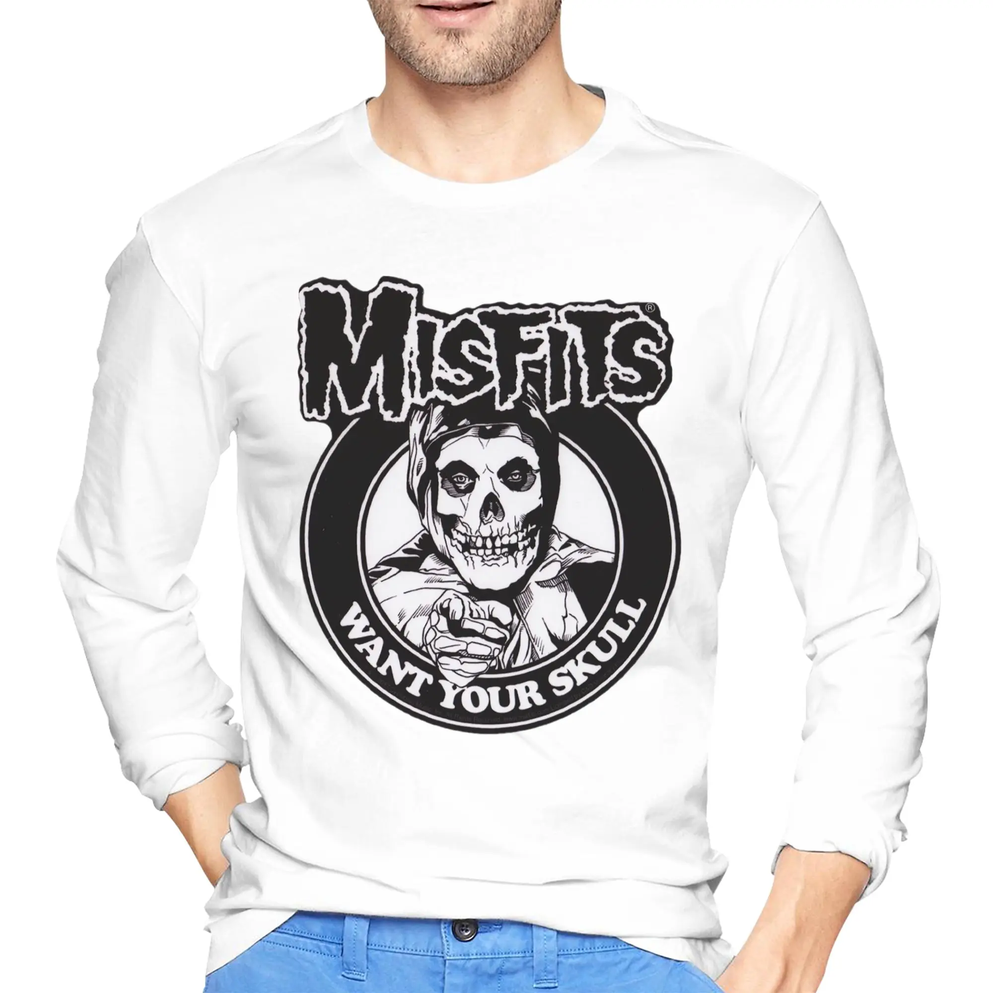 

Misfits Skull Мужская футболка с длинными рукавами Модные футболки с круглым вырезом Весенние и осенние мужские топы