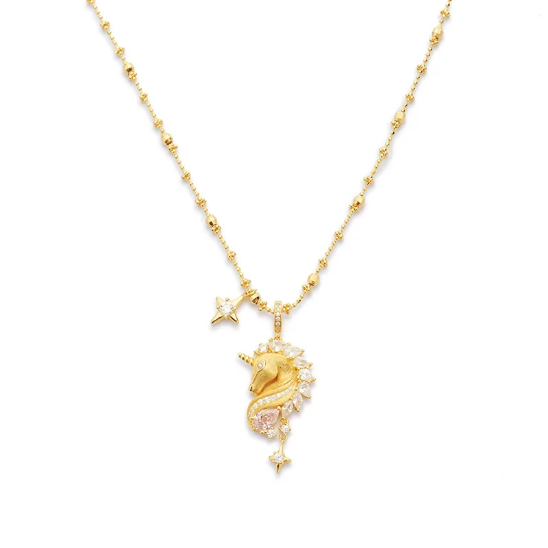 

BELLUX Italian Style 925 Silver Synthetic Zircon Star Light Luxury Unicorn Design Handmade Brushed Pendant Gold Necklace