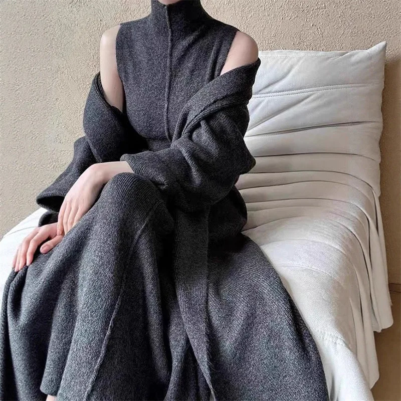 

Lazy Style Long Knitted Cardigan Sweater Set for Women's Autumn and Winter New Style Temperament High Neck Dress Two-piece Set