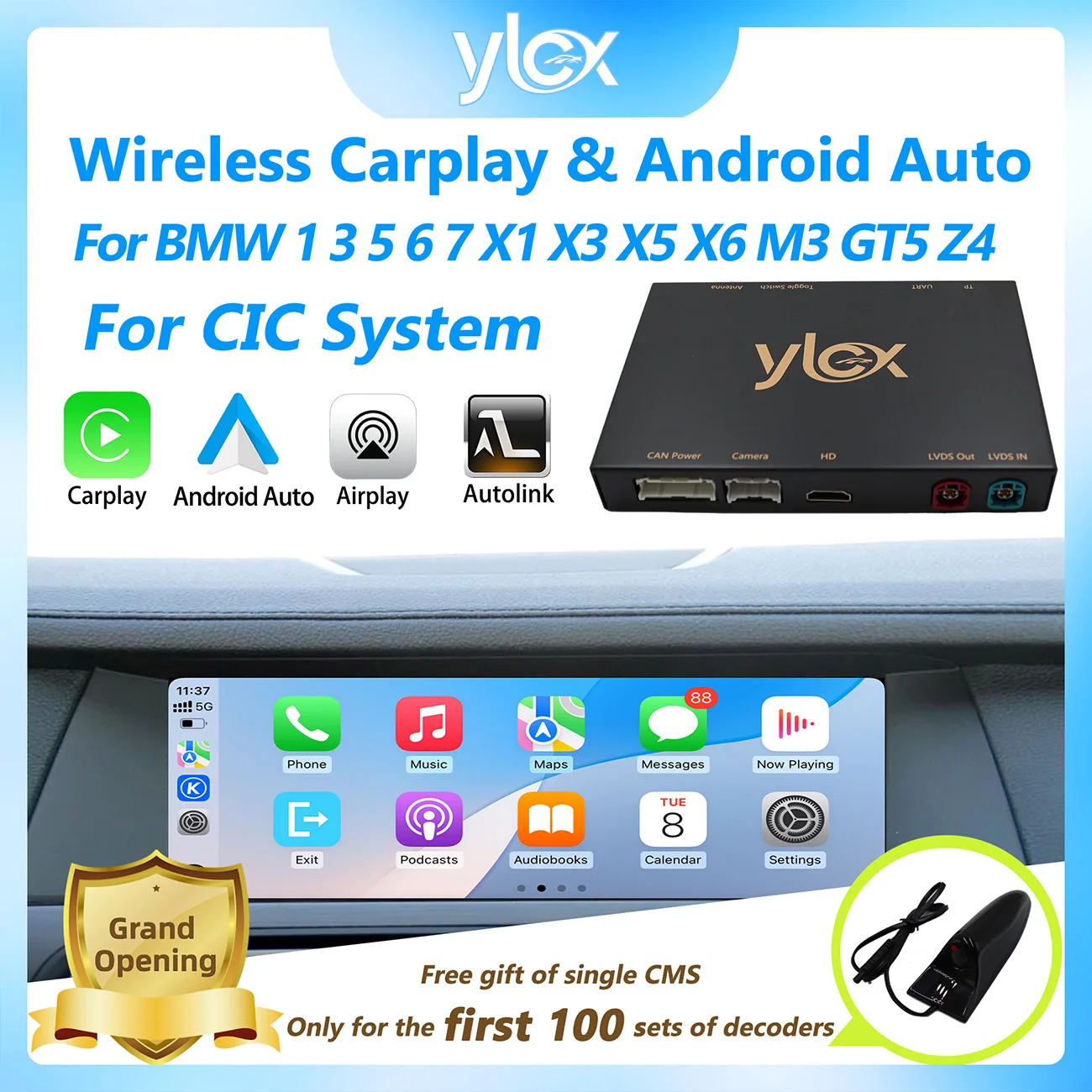 CarPlay inalámbrico para BMW CIC System 1 3 5 6 7 Series X1 X3 X5 X6 F10-F48 E84 con Android Auto AirPlay CMS compatible con YT NF