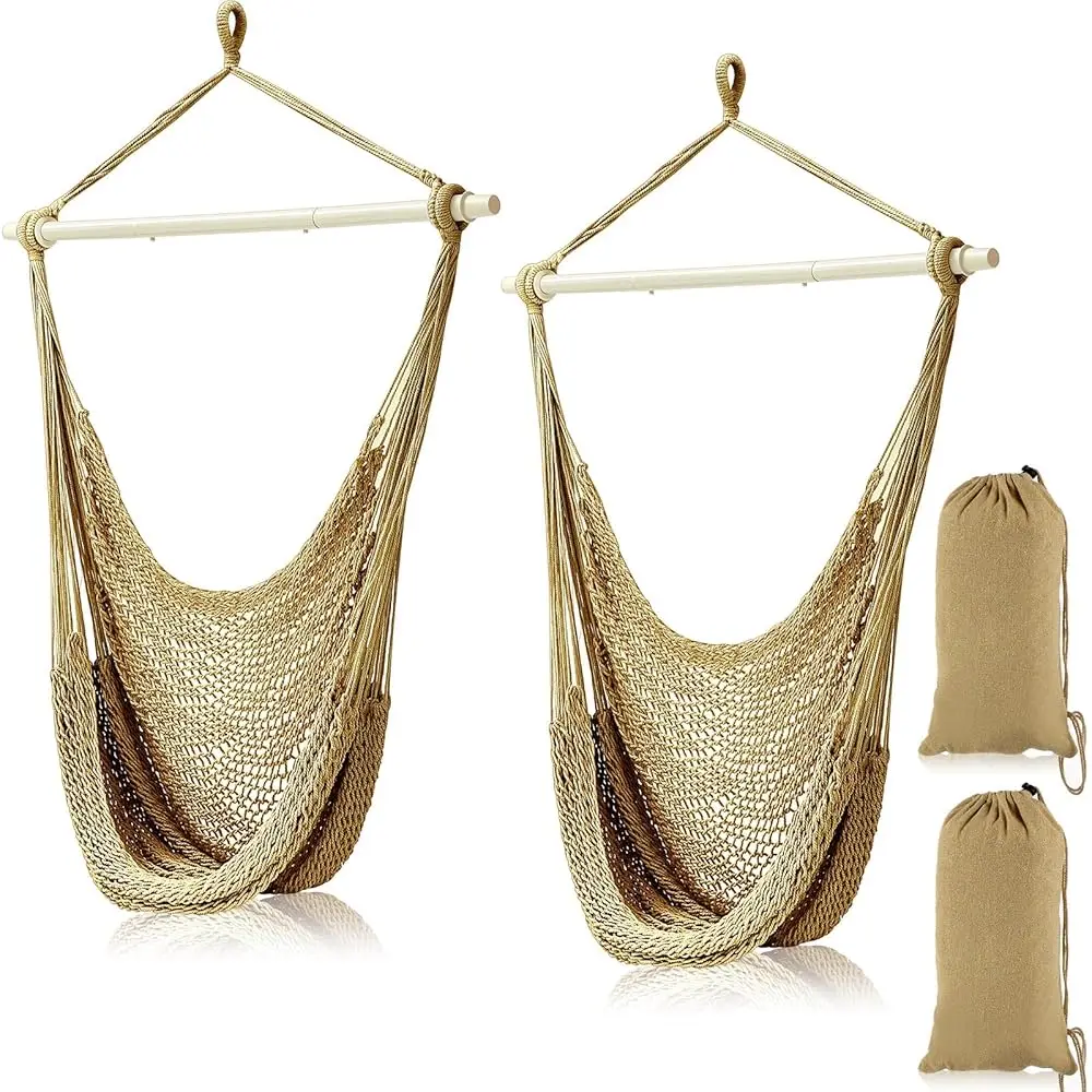 

2 Pcs Hanging Hammo Chair Boho Swing Chair Indoor Outdoor Cotton Rope Weaving Chair With 40 H Detachable Metal Bars For