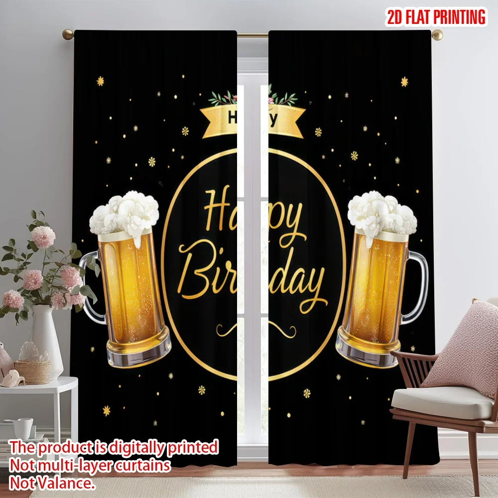 

2D flat printing 2pcs Curtains Birthday Cheers with Beer Digital Printed Polyester Drapes All Season Party & Holiday Decor Use