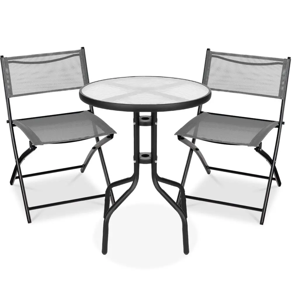 

3Piece Patio Bistro Dining Furniture Set w Glass Tabletop, 2 Folding Chairs, Steel Frame, Polyester Fabric Gray