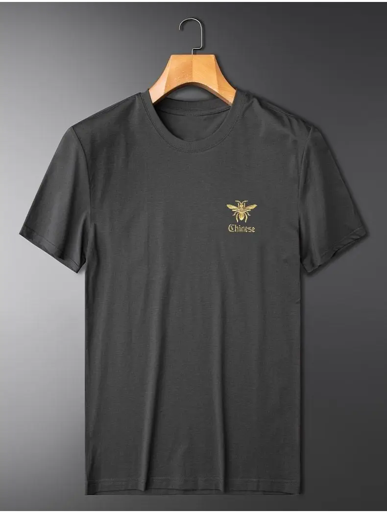 Men's Top, Silk Cotton Short Sleeved T-shirt, Trendy Brand Bee Hot Stamping Pure Cotton Handsome Half Sleeved Shirt
