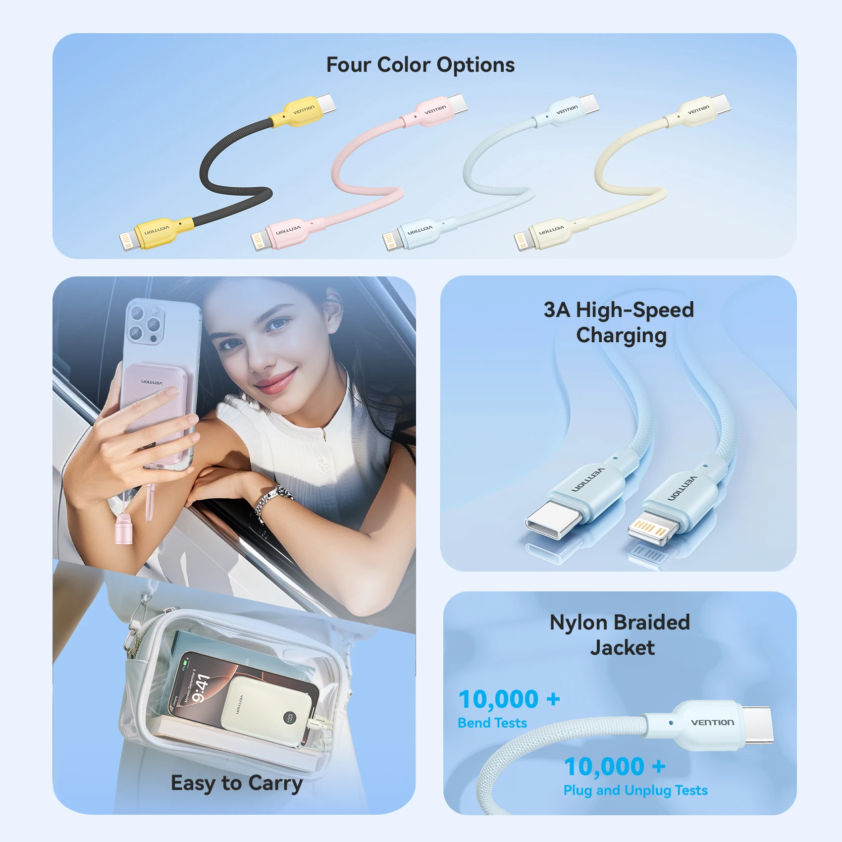 Короткий кабель USB Type C Vention 17 см, 3A, 27 Вт, кабель Lightning для iPhone 14 13 12, кабель Power Bank, кабель для быстрой зарядки данных