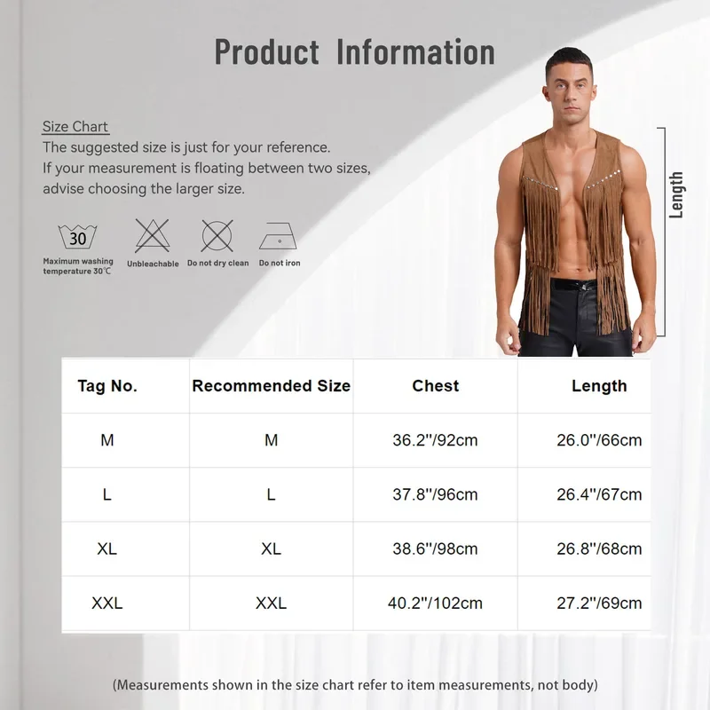 RT01 رجل فو الجلد المدبوغ شرابة سترة قبعات رعاة البقر الغربية سترة موضة المسامير هامش صدرية مفتوحة الجبهة جاكيت بلا إكمام و Gf1