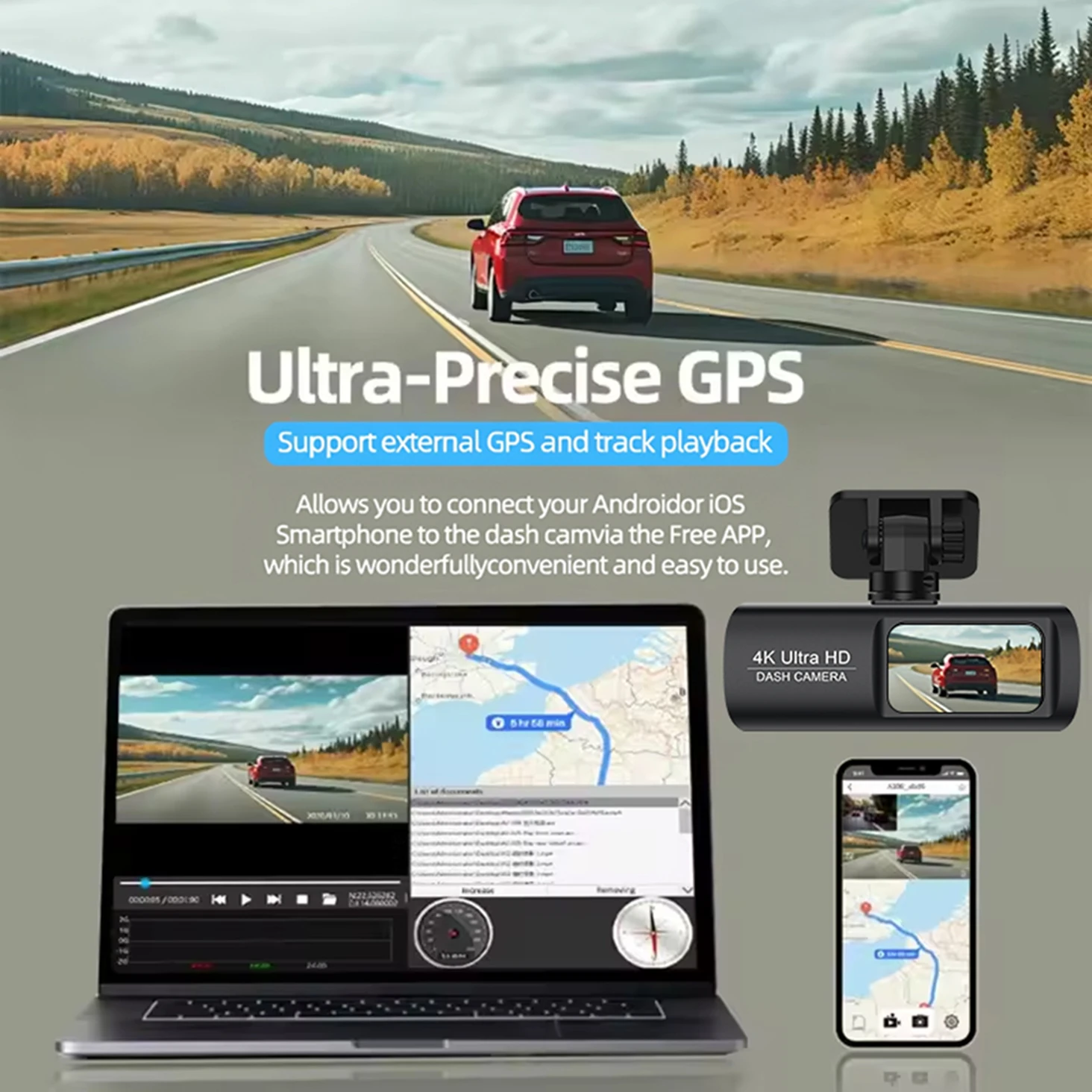 Dash Cam 4K WiFi with Night Vision 1/2 Channel Loop Recording 1.47 IPS Screen Vehicle DVR Video Recorder Support GPS 24H Parking