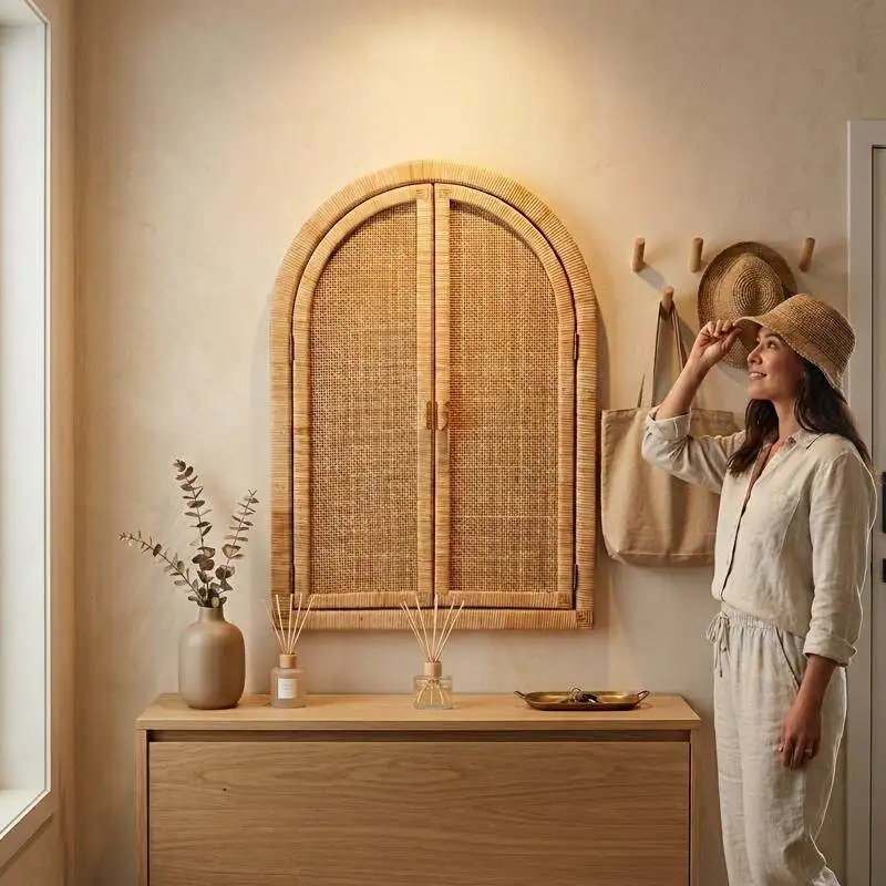 Vintage Arch Rattan Window Wall Decor Woven Faux Window Hanging for Home Nordic Bedroom Ornament Farmhouse Rustic Wall Stickers