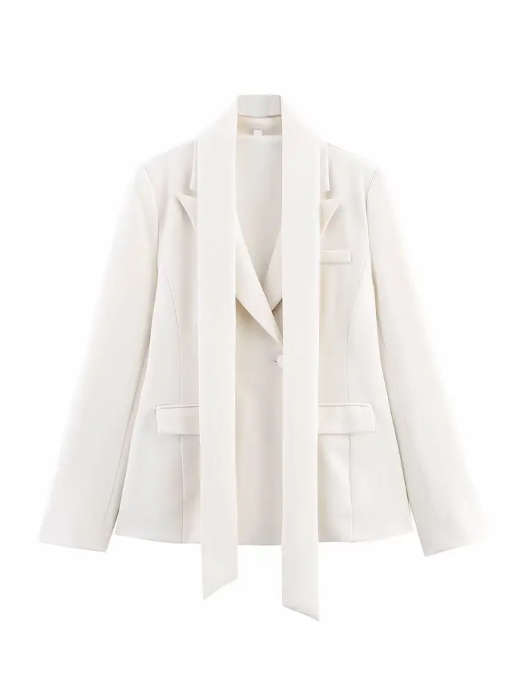 

JNLEAOG Spring New Faionable Pure Color Thin Scarf Lapel Suit Jaet Women's Straight Tube Polyester Long Sve Buttoned Coat