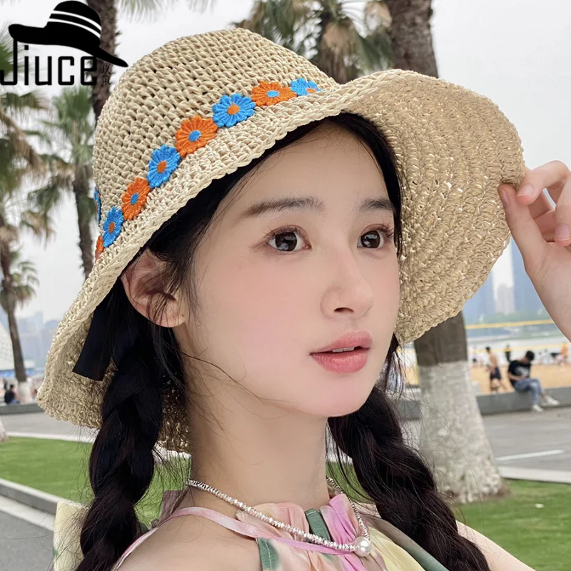 Topi jerami lebar bunga aster kecil korea topi Bucket pelindung matahari musim panas wanita topi matahari lipat luar ruangan pantai