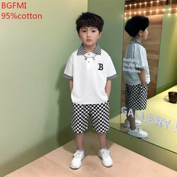 Korean Teenage Boy Summer Plaid Kids Suit Baby Children New Polo Set Thin Short Sleeves Patchwork Shirt +Shorts 2 Pc Casual Suit