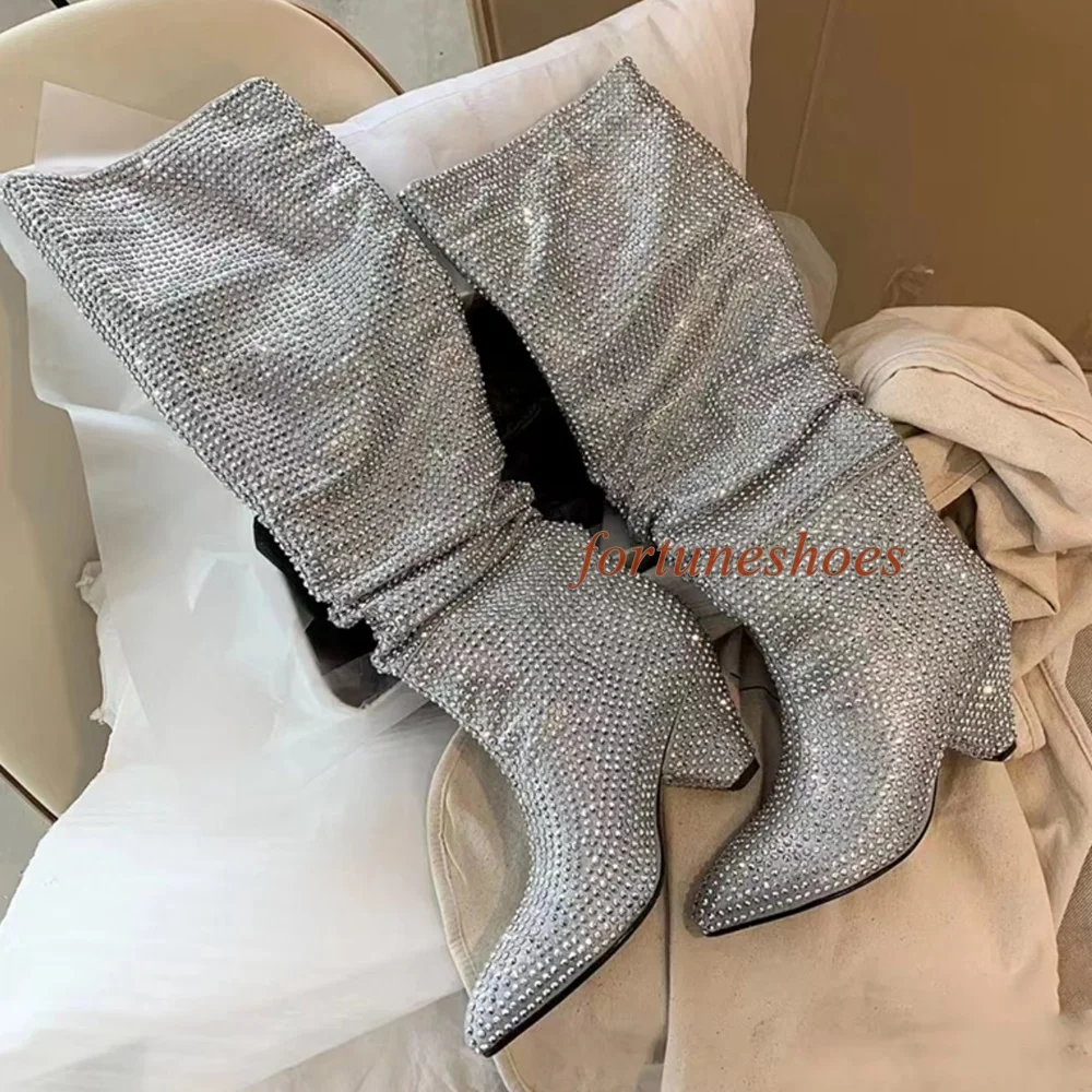 

Pleated Pointed Toe Rhinestone Boots Fringe Chunky Heel Slip On Women Boots Autumn/winter Runway Show Casual Solid Fashion Boots