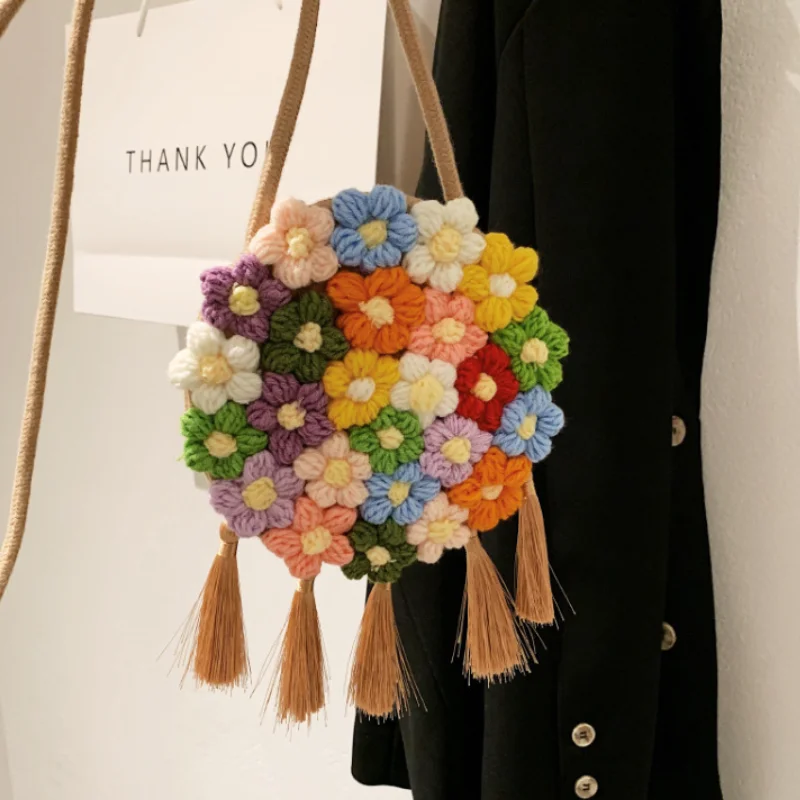 Wool Woven Women Small Bags New Cute Women Colorful Flower Woven Bag Beach Vacation Shoulder Messenger Bag