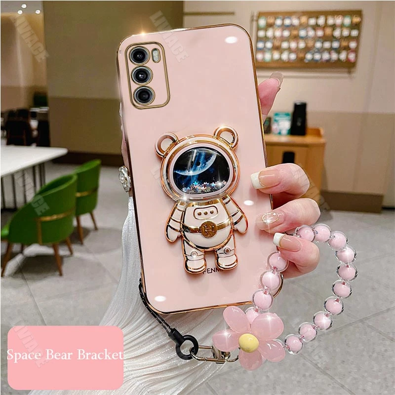 Astronaut Flower Bracelet Care For Motorola Moto G8 G9 G50 G30 G20 G10 G40 G60S G22 G23 G52 G53 G73 G60s E6S Folding Stand Cover