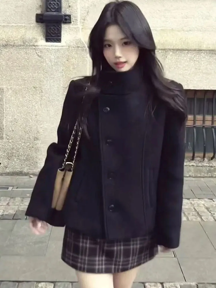 Black Elegant Wool Coats Women Stand Collar Quilted Thick Button Casual Jacket Simple Long Sleeve Slim Fit Office Lady Outwear